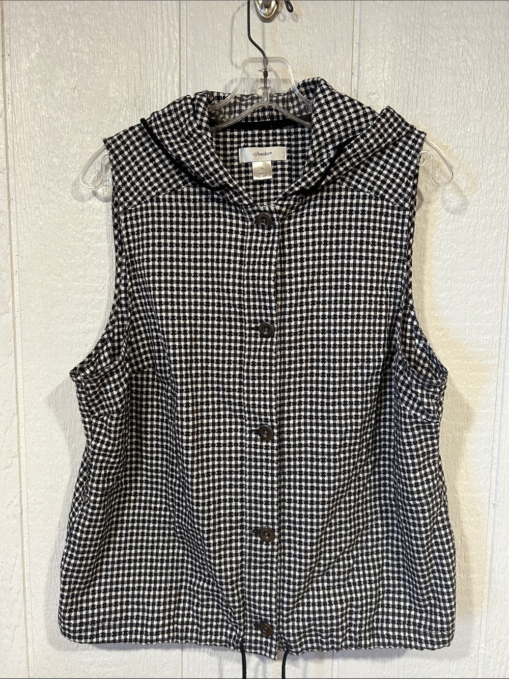 CJ Banks Black & White Gingham Button-Down Hooded Vest